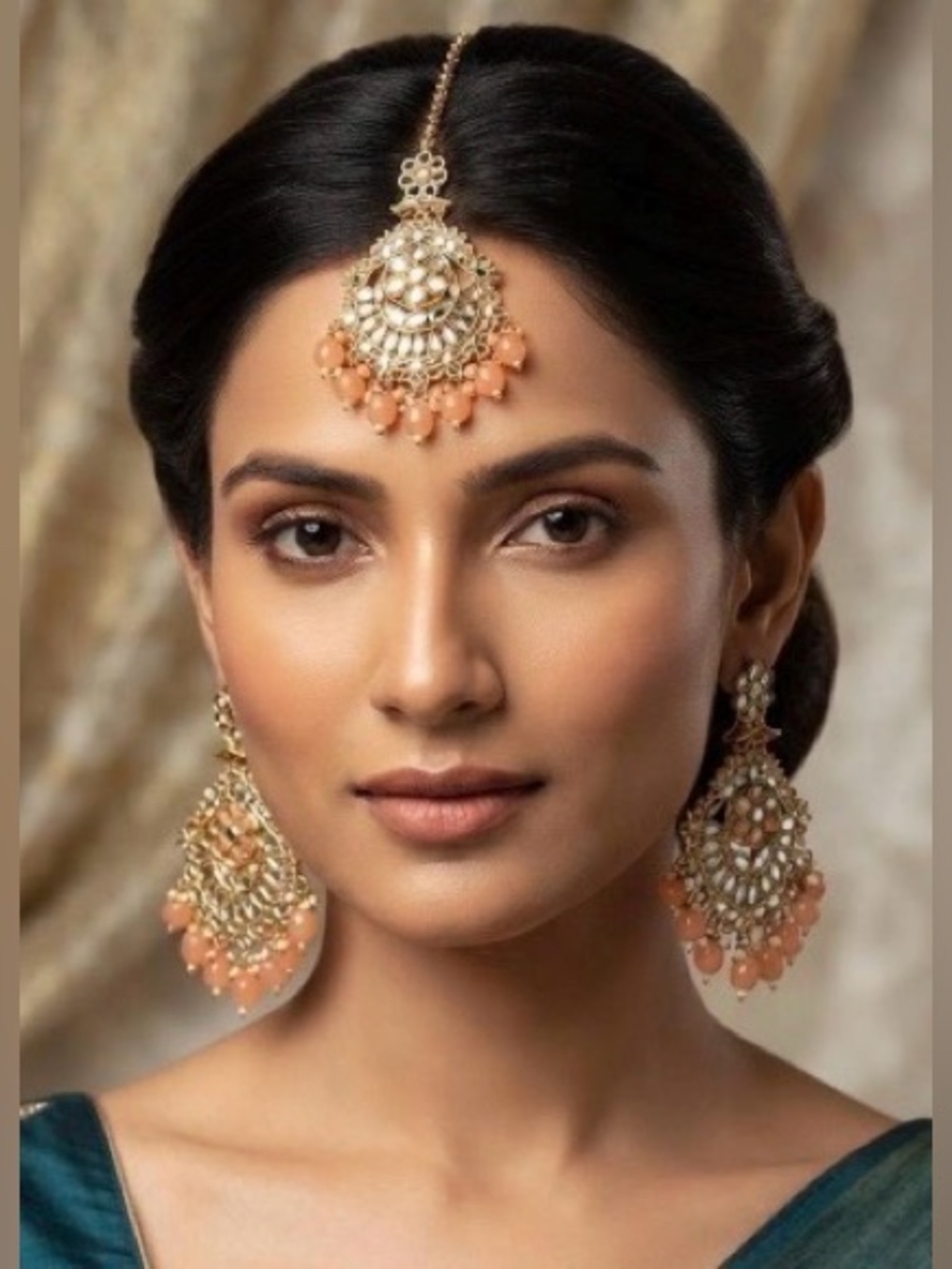 Peach Tikka and Earrings Kundan Set